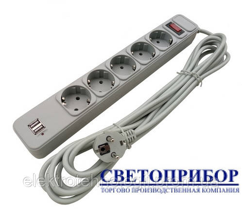 Удлинитель на 5 гнезд + 2 USB 4.5 м с заземлением и кнопкой Светоприбор
