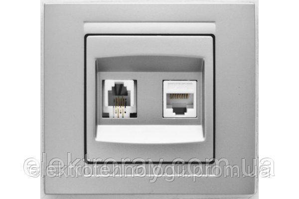 Розетка компьютерная + телефонная CAT5 x RJ11 Gunsan Moderna Metallic серебро