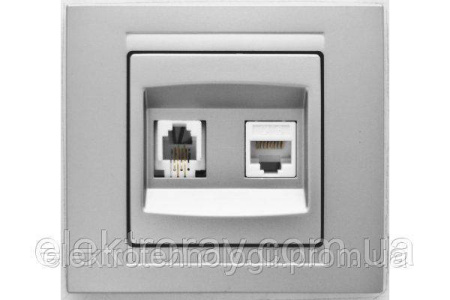 Розетка комп'ютерна + телефонна CAT5 x RJ11 Gunsan Moderna Metallic срібло